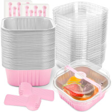 Pink Aluminum Foil Cake Pans 5oz 50 pcs with Lids and Spoons