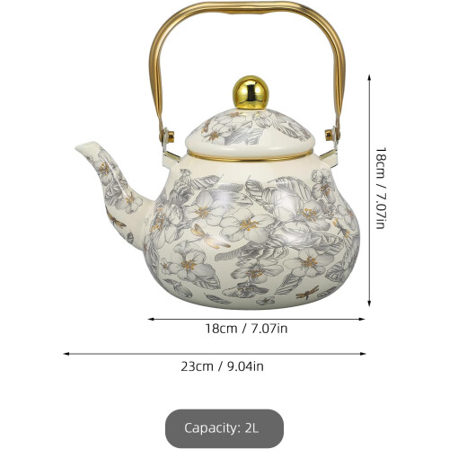 Vintage enamel tea kettle floral design 2L steel handle 1