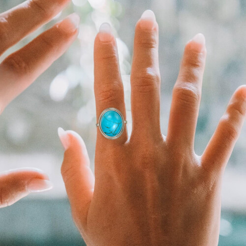 Turquoise Ring Sterling Silver Boho Vintage Round Ring Size 2