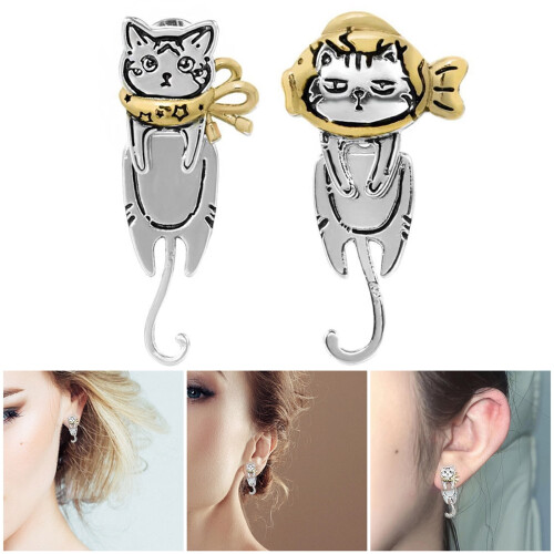 Asymmetrical Graffiti Cat Earrings Silver Unisex Jewelry 1
