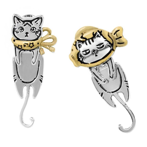 Asymmetrical Graffiti Cat Earrings Silver Unisex Jewelry 2