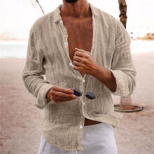 Men's Cotton Linen Shirt Long Sleeve Regular Fit Khaki XXL