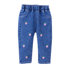 Girls Denim Pants with Strawberry Embroidery Elastic Waist