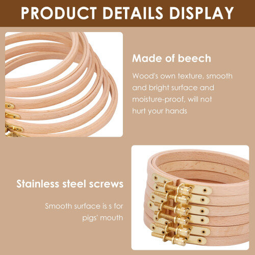 Solid Wood Embroidery Hoop Set 6 Pieces Adjustable Screw 2