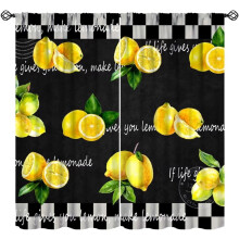 Lemon Kitchen Curtains Black White Buffalo Plaid 63x63in