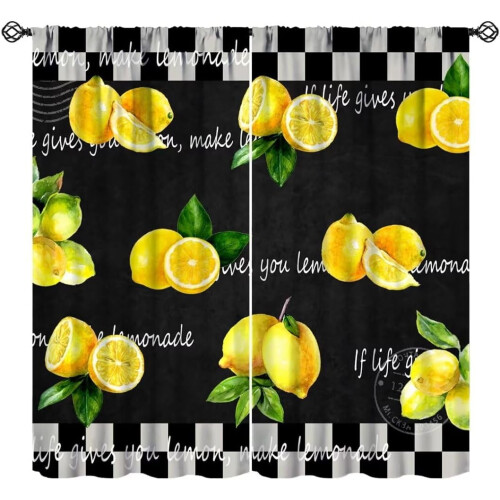 Lemon Kitchen Curtains Black White Buffalo Plaid 63x63in