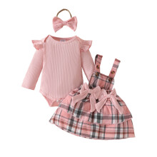 Baby Girl Plaid Romper Dress with Ruffles and Bow Headband,