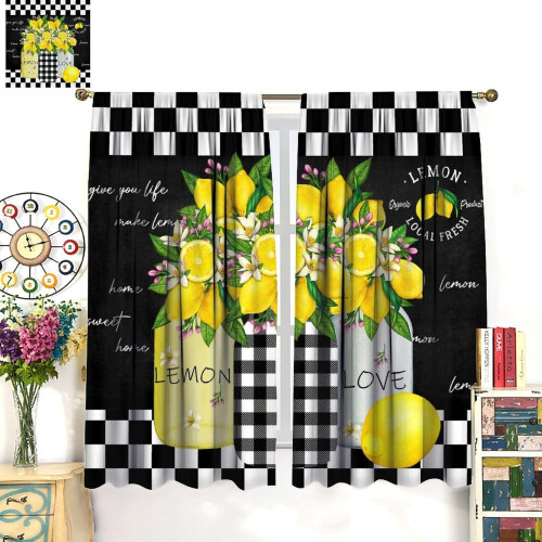 Lemon Fruit Curtains Vintage Black White Check Thermal 2 2