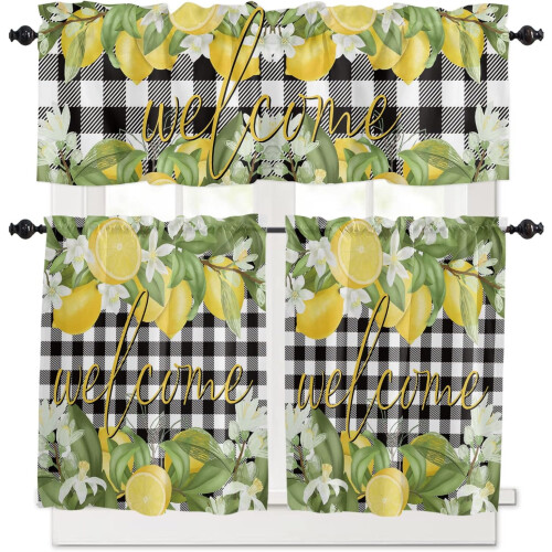 Lemon Flower Kitchen Curtains Set Black White Buffalo Plaid