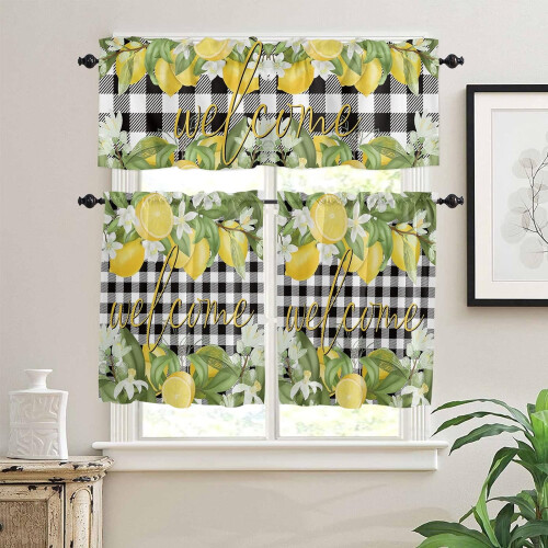 Lemon Flower Kitchen Curtains Set Black White Buffalo Plaid 1
