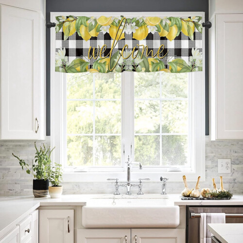 Lemon Flower Kitchen Curtains Set Black White Buffalo Plaid 2