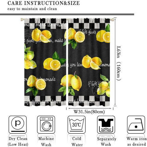 Lemon Kitchen Curtains Black White Buffalo Plaid 63x63in 1
