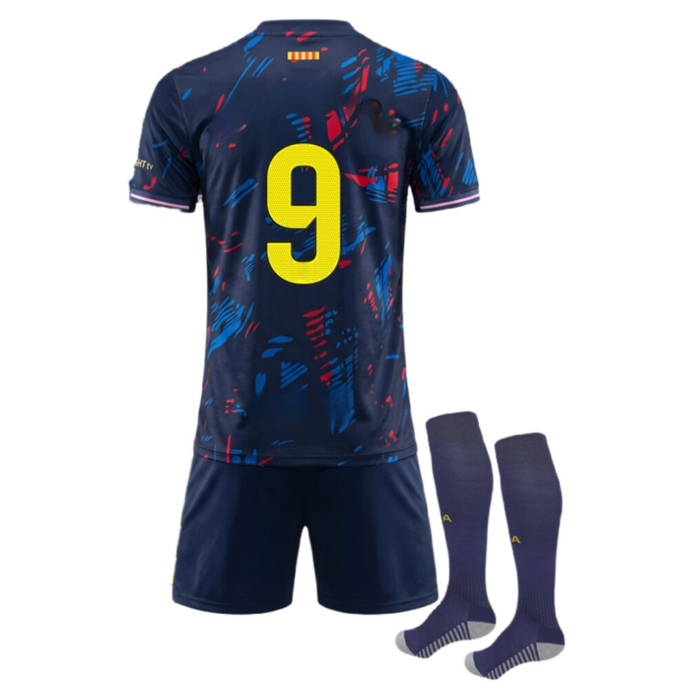 (26(140-150CM)) Barca Away Blue Activewear Print #9 +Customized Player Name Fans Training T-Shirt Set For Kids And Adult