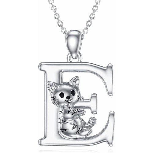Cat Initial Pendant Necklace Silver Alphabet A-Z