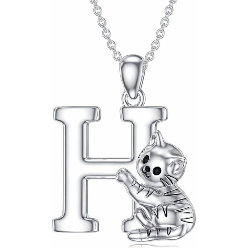 Cat Initial Pendant Necklace Silver Alphabet A-Z