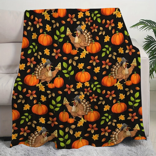Turkey Pumpkin Flannel Throw Blanket Soft Warm 50x60