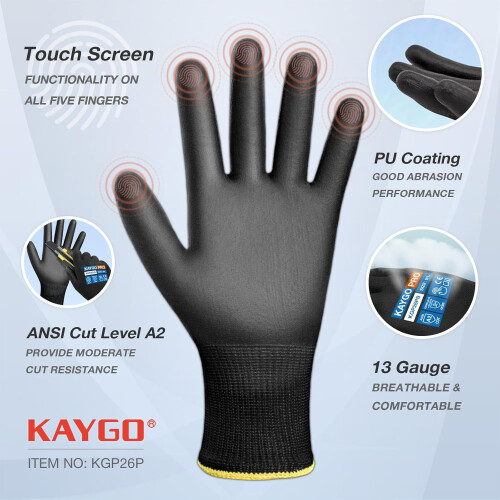 PU-Coated Safety Work Gloves Large Black 12 Pairs 1