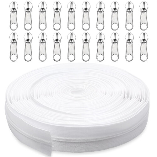 Nylon Coil Zipper White 5 Yards with 20 Sliders