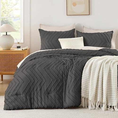 Dark Grey King Comforter Set Boho Tufted 3-Piece