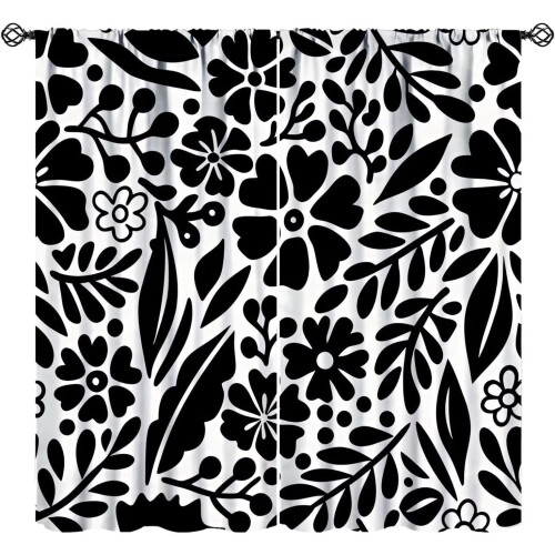 Abstract Botanical Curtains Boho Black White 63x63 Inch