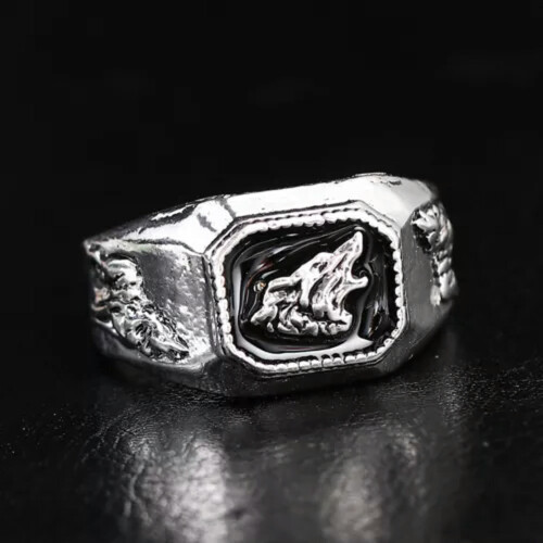 Men's Alloy Square Wolf Head Ring Gold Silver Size 11 1
