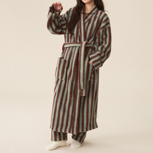 Women's Plush Stripe Bathrobe Fluffy Fleece Warm Thick