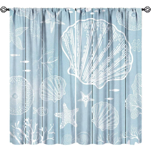 Starfish Seashell Curtains Blue Rustic 63 in W