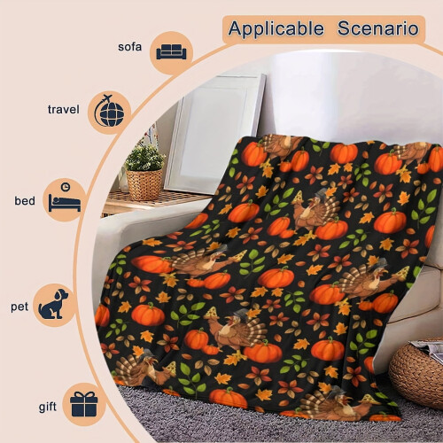 Turkey Pumpkin Flannel Throw Blanket Soft Warm 50x60 2