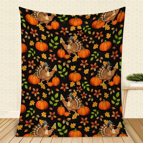Turkey Pumpkin Flannel Throw Blanket Soft Warm 50x60 1