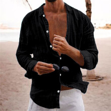 Men's Cotton-Linen Long Sleeve Shirt Regular Fit Black XXXL