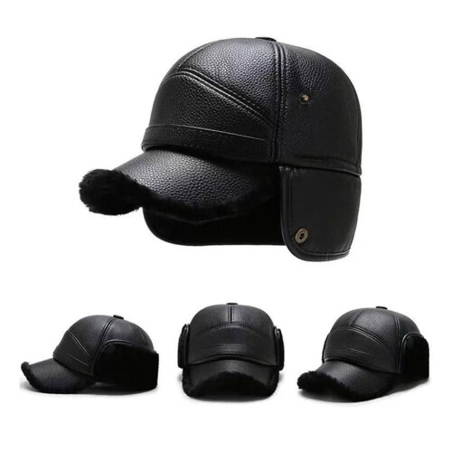 PU Leather Baseball Hat with Earflaps for Men, Windproof