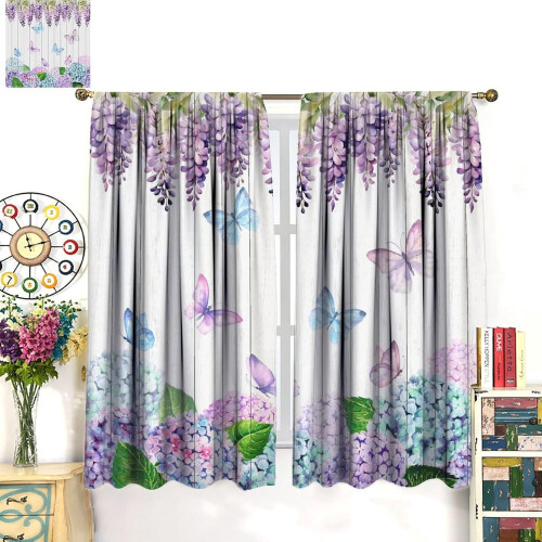 Purple Hydrangea Curtains Wisteria Butterfly Print Rod 2