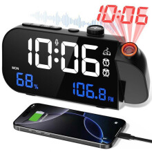 Réveil projecteur de plafond - Réveil numérique avec radio FM - 2 alarmes avec fonction snooze - Température, humidité, ports USB