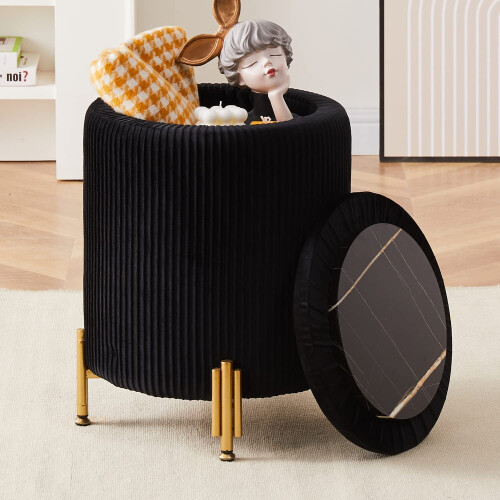 Round Velvet Ottoman Foot Stool with Storage Black
