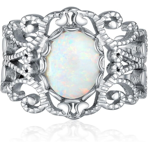 White Oval Opal Filigree Ring Sterling Silver Size 5-11