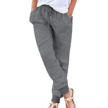 Women's Cotton Linen Tapered Pants with Elastic Waist and