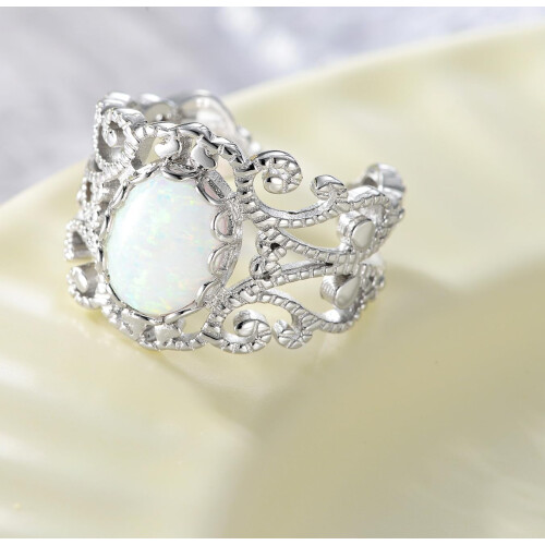 White Oval Opal Filigree Ring Sterling Silver Size 5-11 2