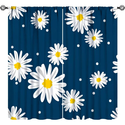 White Daisy Floral Curtains Abstract Blue White Print 84" W