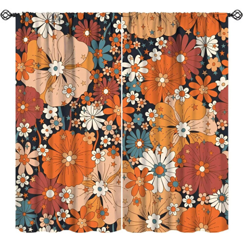 Boho Flower Curtains Orange Blue 72x63 inches