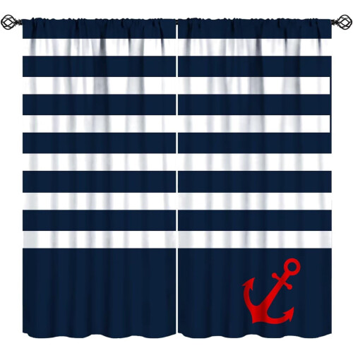 Nautical Stripe Kitchen Curtains Navy White 72x63 Inch
