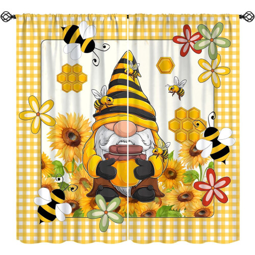 Yellow Check Bee Curtains with Gnome Honey Design Thermal