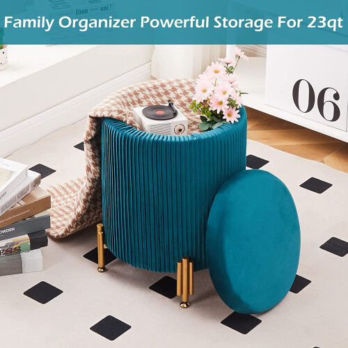 Round Velvet Ottoman Foot Stool with Storage Teal 2