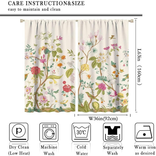 Floral Curtains Retro Bird and Flower Pattern 2 Panel Set 1