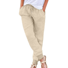 Women's Cotton Linen Tapered Pants with Elastic Waist and