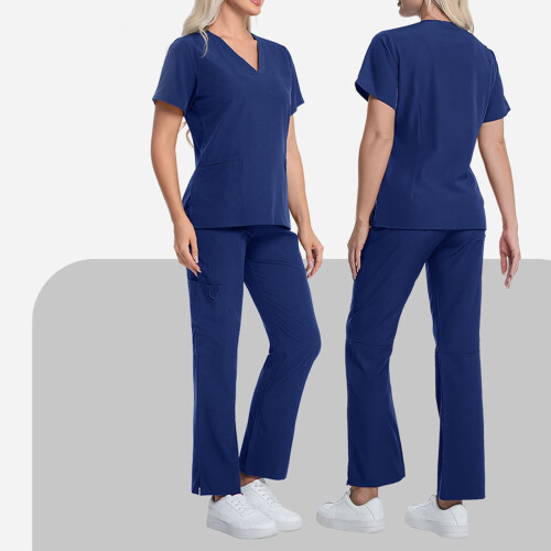 Nurse Scrubs Set Navy Solid Short Sleeve Top and Drawstring 1