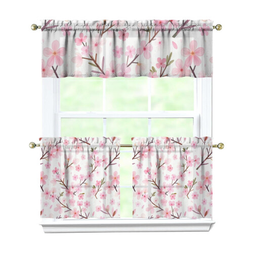 Pink Branches Kitchen Curtains and Valance Set 3-Piece Rod