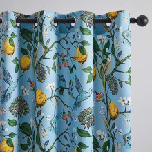 Floral Hummingbird Blackout Curtains Blue Gold 63" 2 Panels