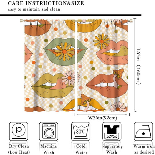 70S Lips Curtains Retro Boho Mushroom Orange Checkered 1
