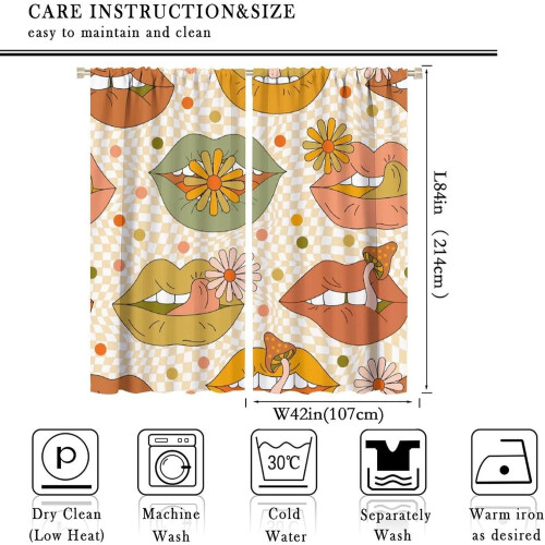Lips Curtains Boho Vintage Orange Checkered 84x84in 1