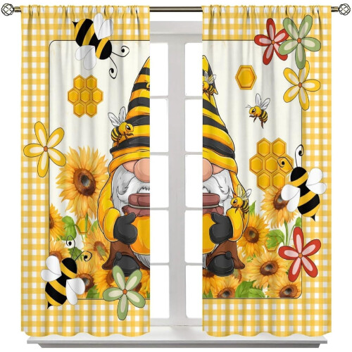 Yellow Check Bee Curtains with Gnome Honey Design Thermal 1